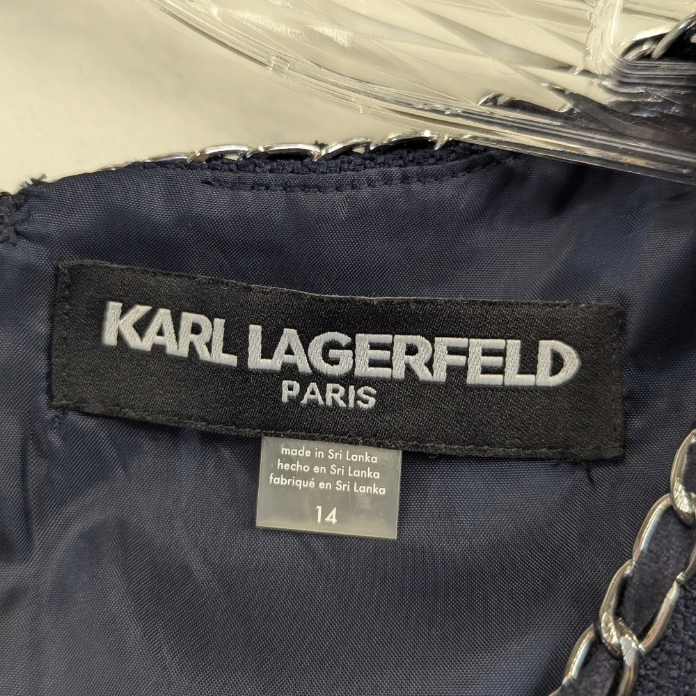 Karl Lagerfeld Elegant Navy Sleeveless Dress Shift Classic Chain Pearls 14 - Picture 8 of 17